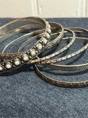 Silver-Tone White Accent Bangle Bracelet Set - Women Jewelry